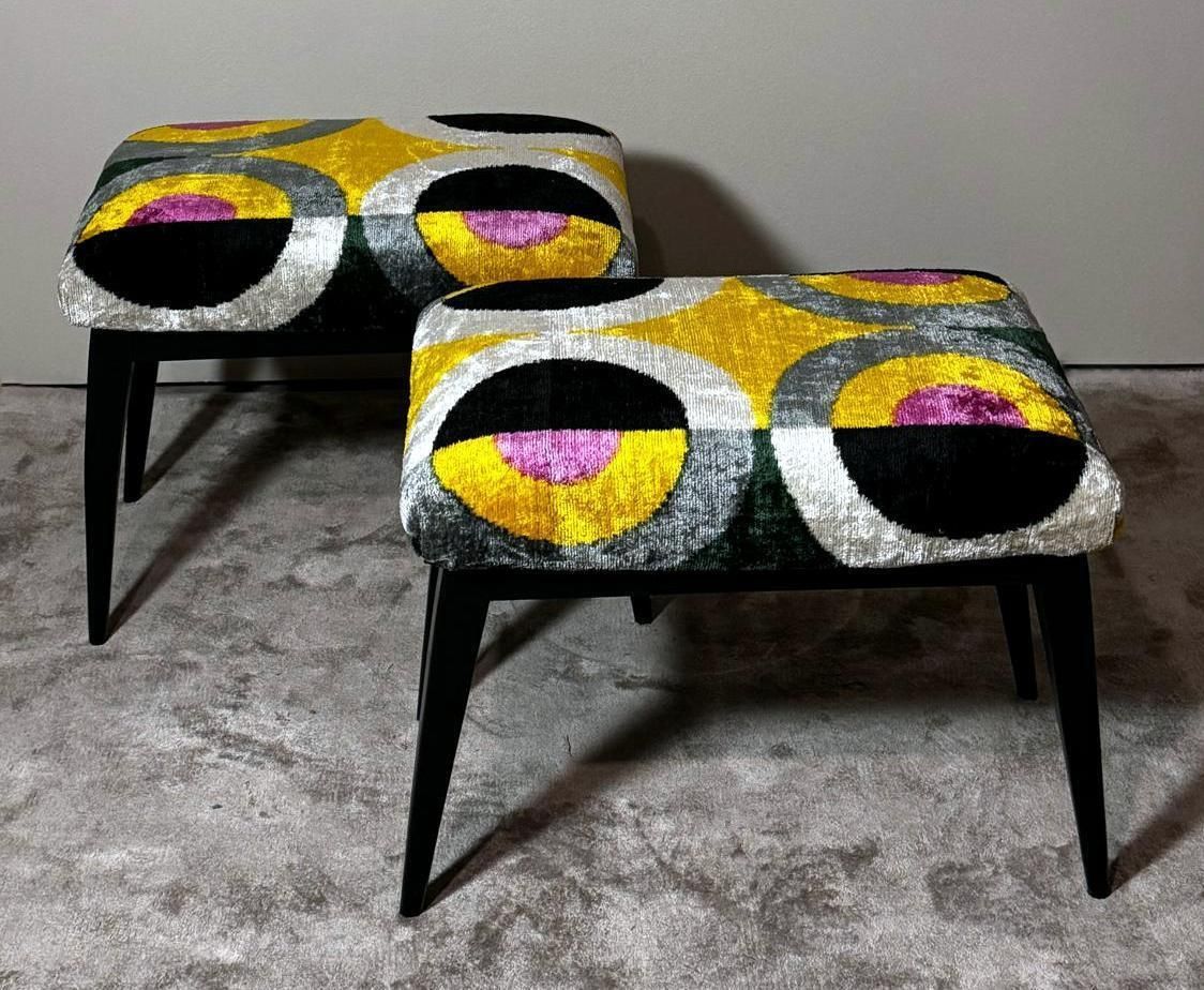 Mid Century Pair Of Italian Wood And Silk Velvet Ikat Benches photo 1014.0