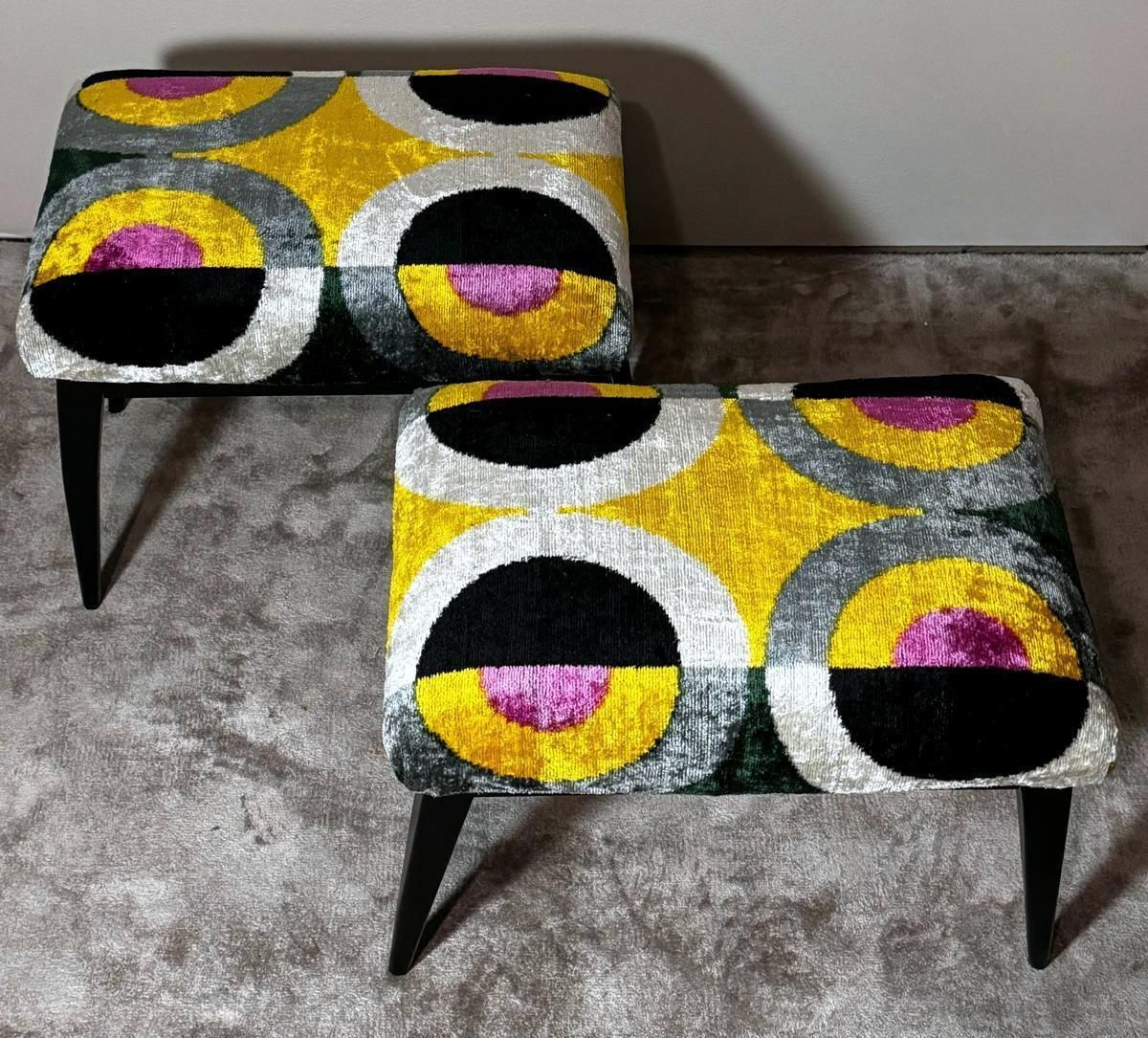 Mid Century Pair Of Italian Wood And Silk Velvet Ikat Benches photo vinterior