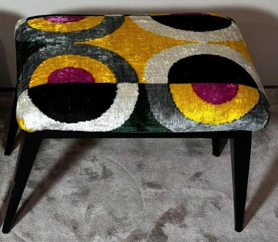 photo furniture Mid Century Pair Of Italian Wood And Silk Velvet Ikat Benches