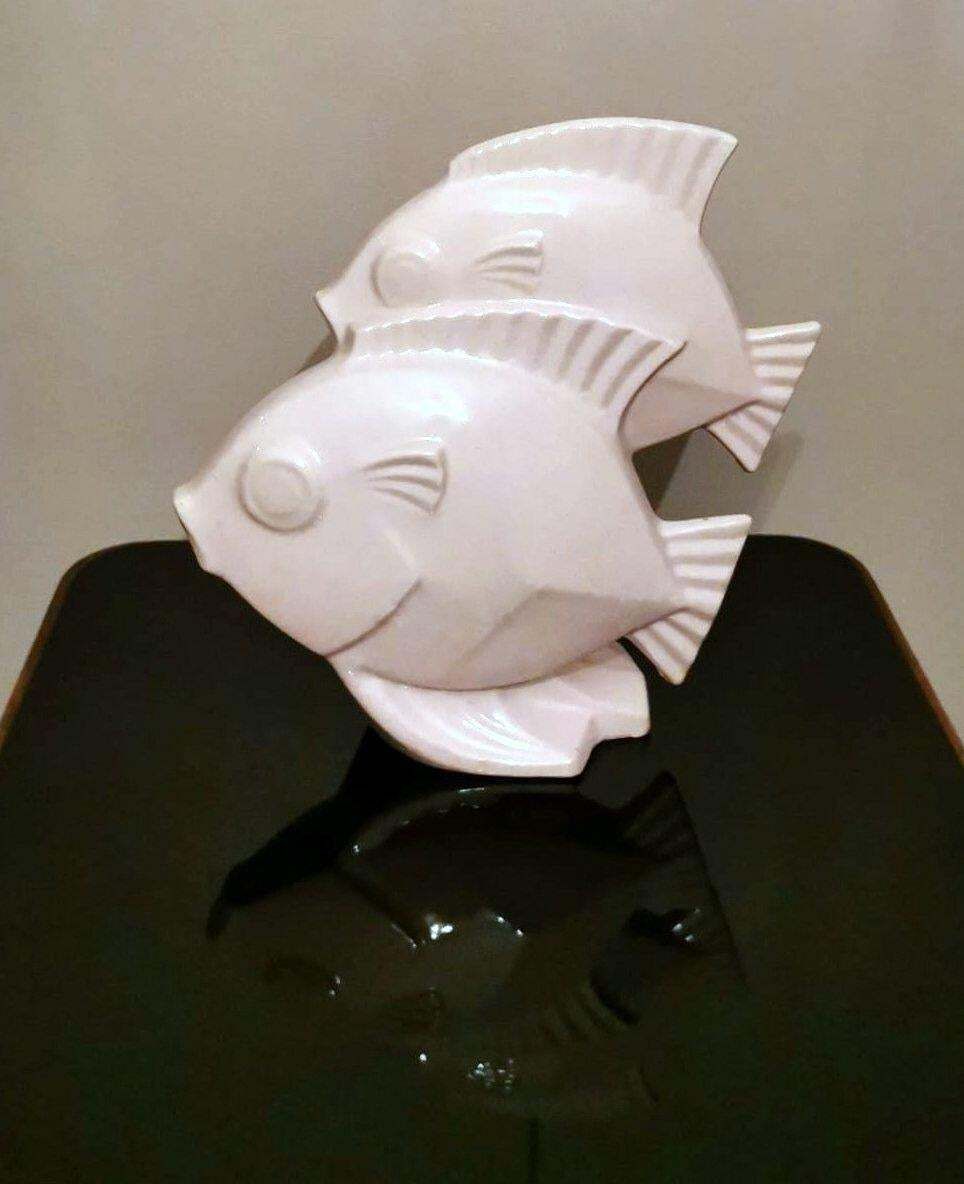 Art Deco French Sculpture Of Two Fish In Craquelé Porcelain photo for sale