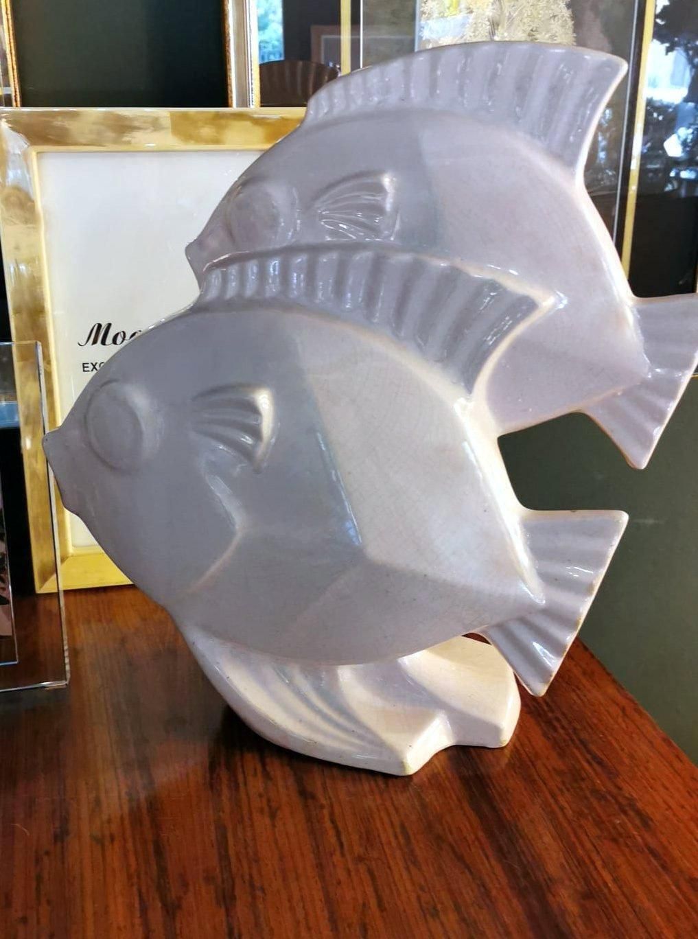 photo buy Art Deco French Sculpture Of Two Fish In Craquelé Porcelain