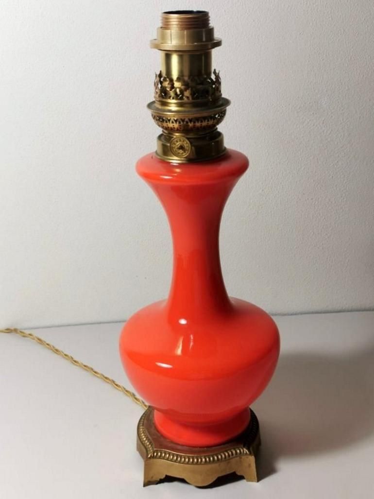 Napoleon III Style French Opaline Orange Glass Lamp Golden Brass Base photo for sale