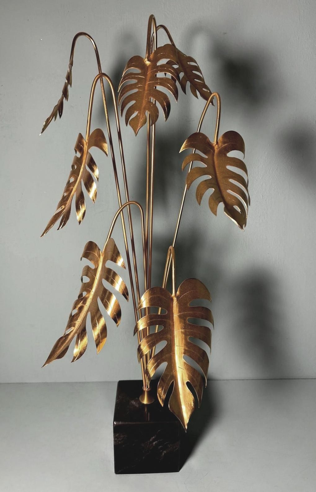 Italian Brass Plant Sculpture Mounted On Black Marquinia Marble photo furniture