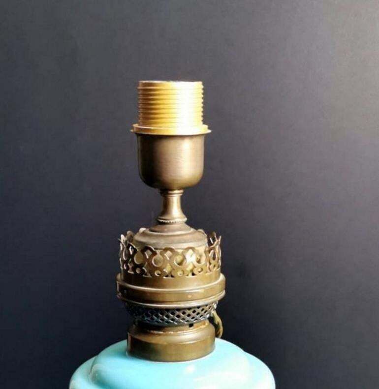 Louis Philippe Style French Opaline Blue Glass Lamp Decorated And Golden Brass photo for sale