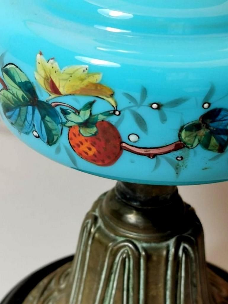 635.0 Louis Philippe Style French Opaline Blue Glass Lamp Decorated And Golden Brass photo