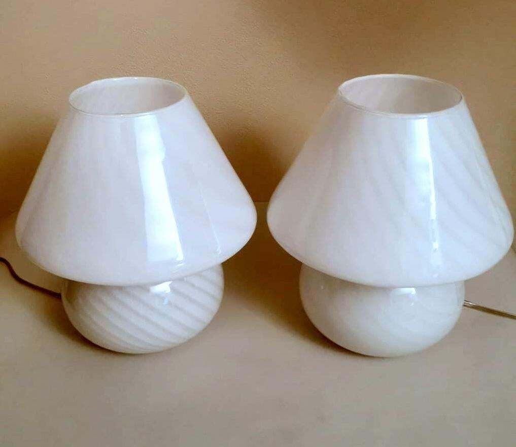 Murano Venini Style Pair Of Mushroom Shaped Opal Glass Spiral Lamps photo furniture
