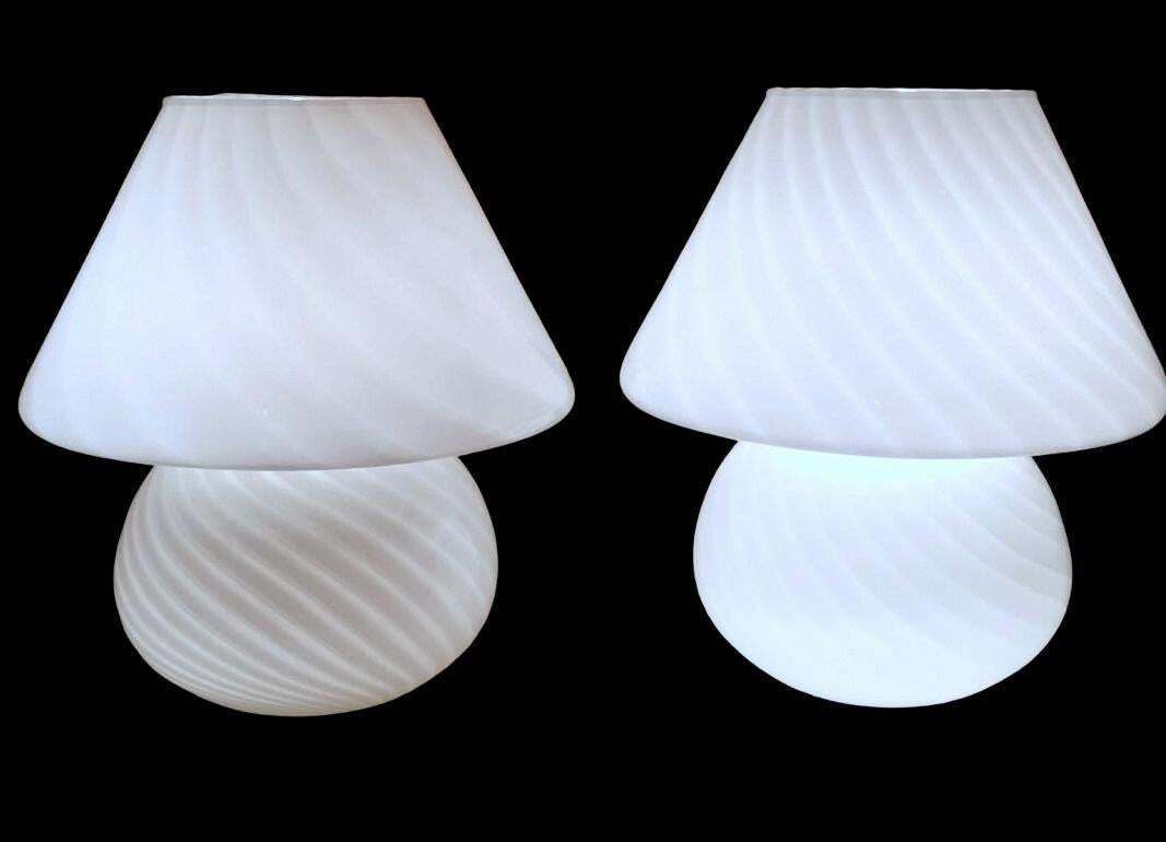 Murano Venini Style Pair Of Mushroom Shaped Opal Glass Spiral Lamps photo for sale