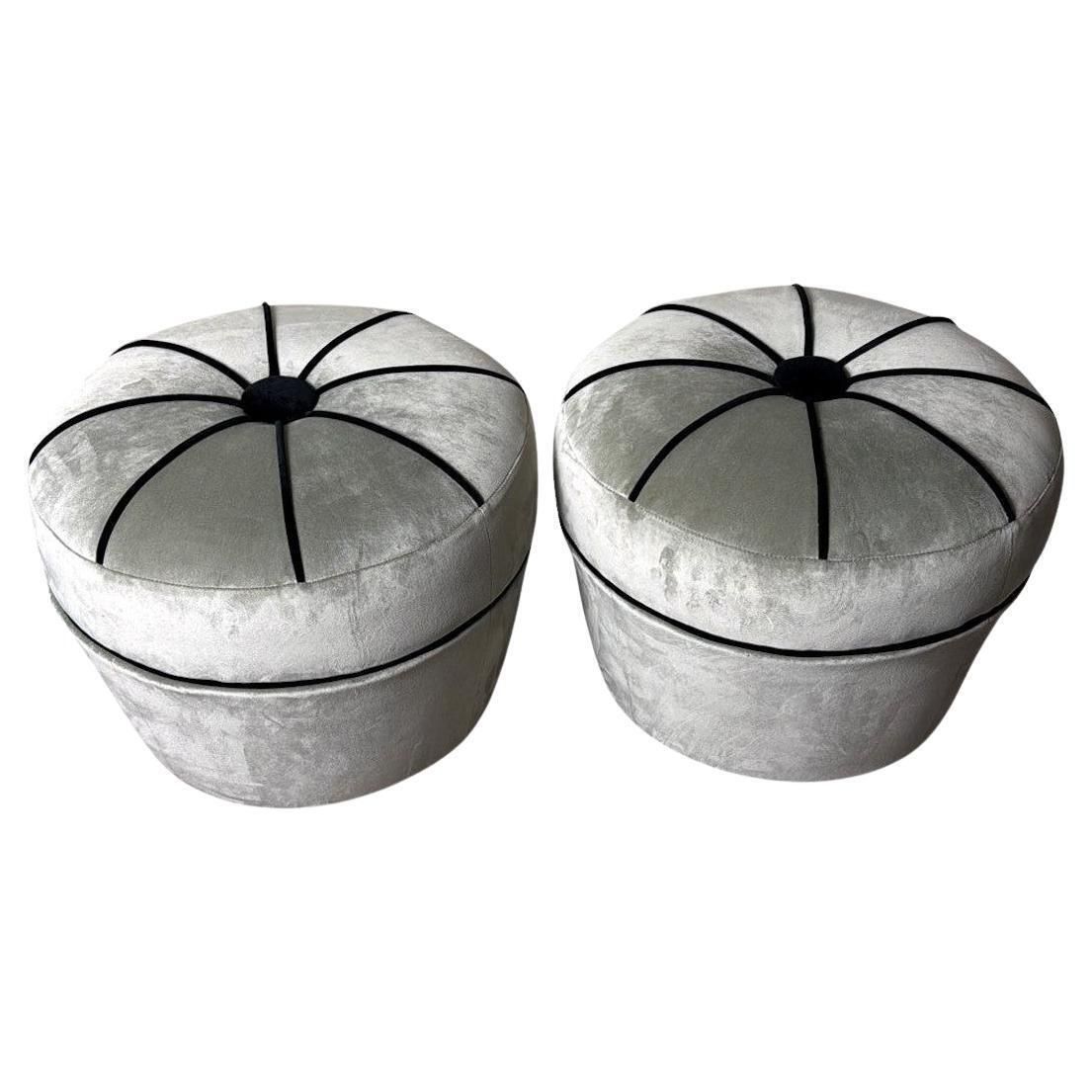 Vintage Pair Of Italian Gray Velvet Ottomans With Black Trim