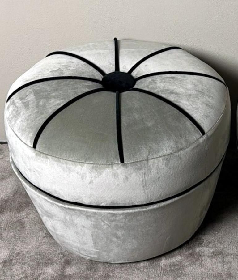photo for sale Vintage Pair Of Italian Gray Velvet Ottomans With Black Trim