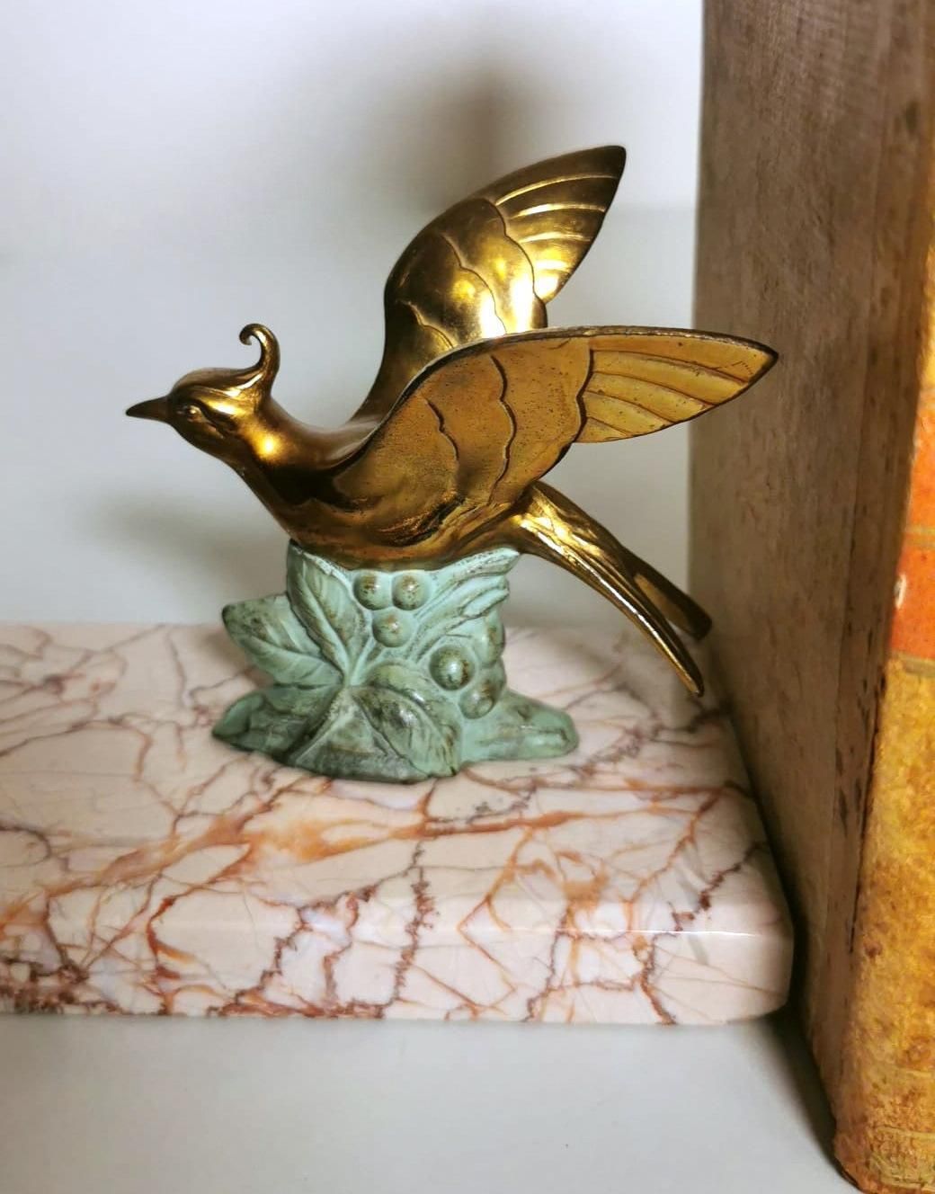 photo vinterior Art Deco France Pair Of Metal Bird Bookends With Fine Marble Base