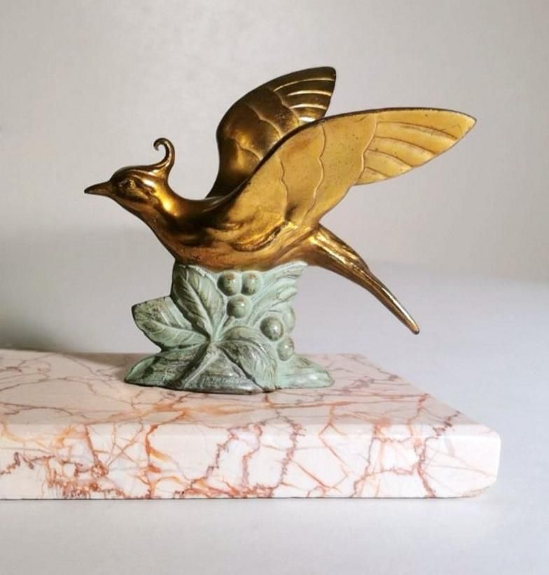 photo vintage Art Deco France Pair Of Metal Bird Bookends With Fine Marble Base