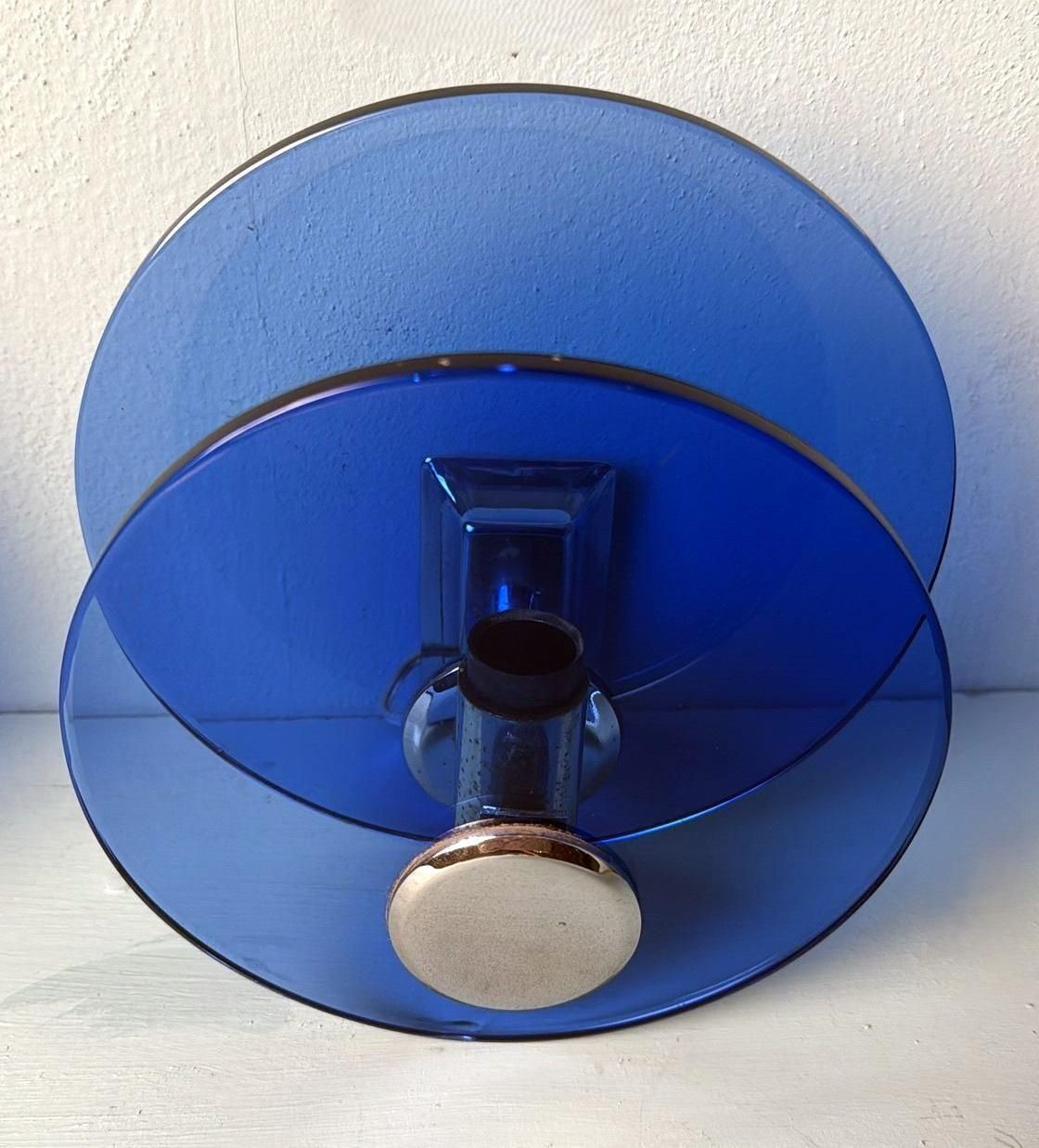 Veca Style Pair Of Italian Blue Glass And Nickel Plated Brass Wall Sconces photo vintage