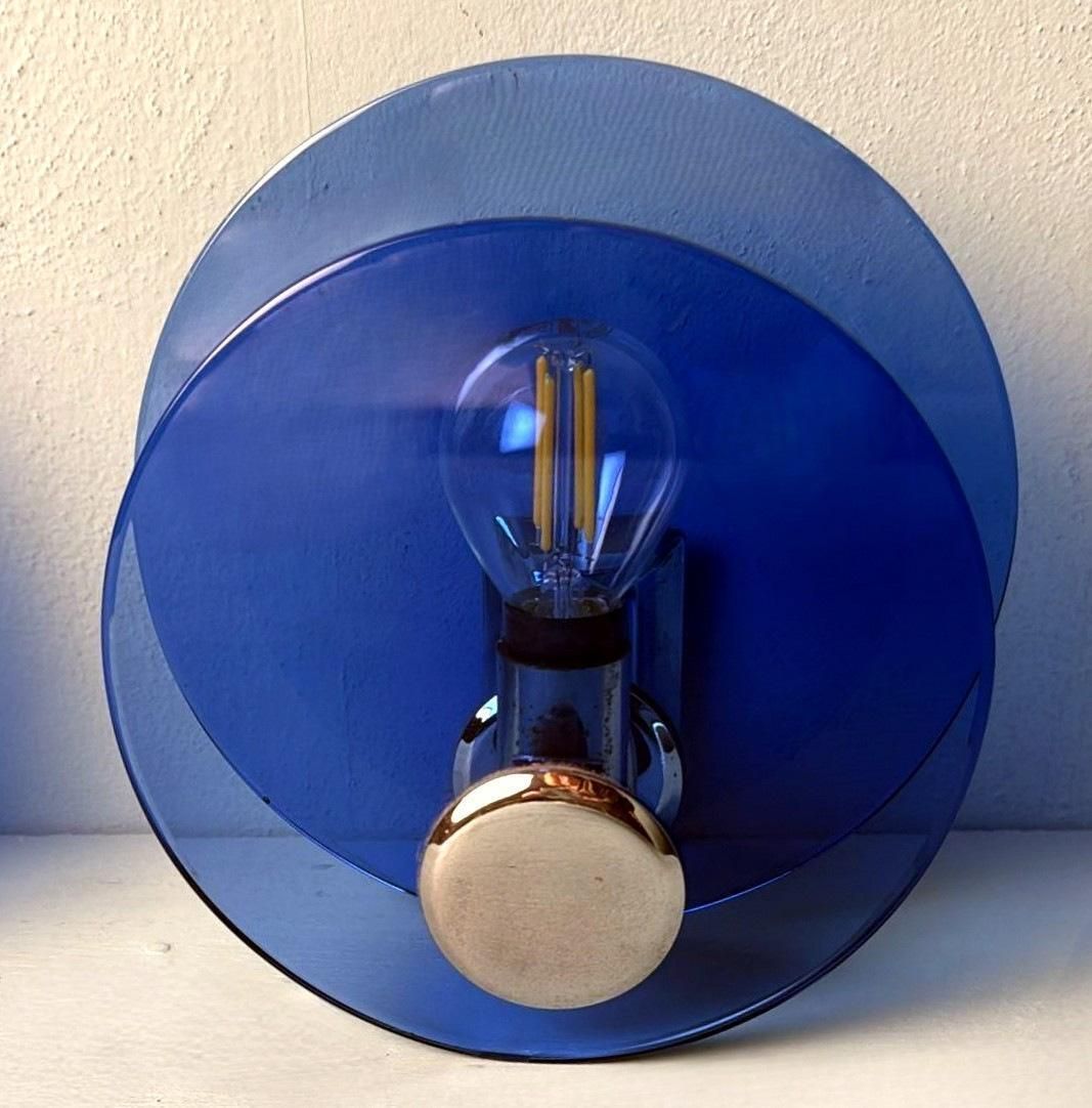 photo furniture Veca Style Pair Of Italian Blue Glass And Nickel Plated Brass Wall Sconces