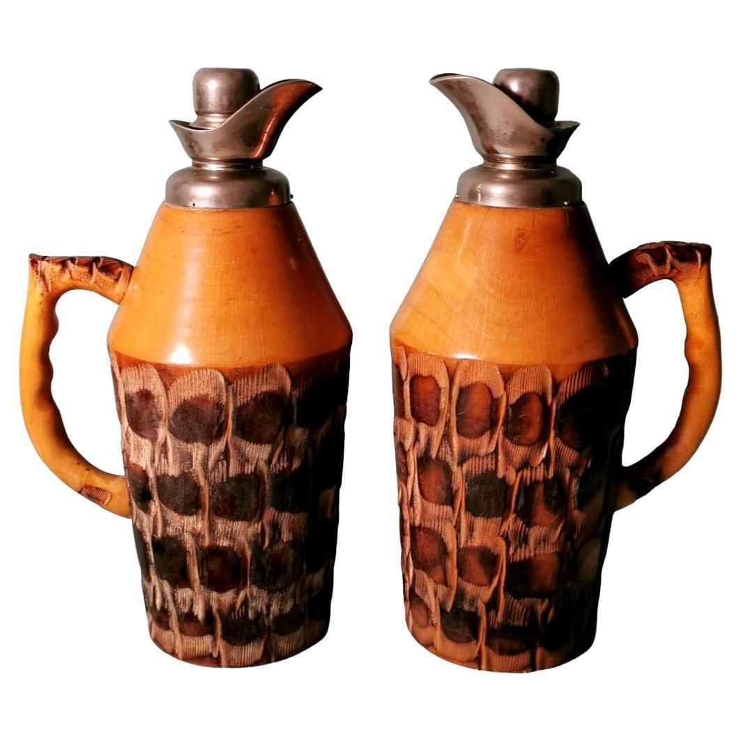 Tura Aldo For Macabo Pair Of Italian Thermal Jugs In Bamboo And Metal