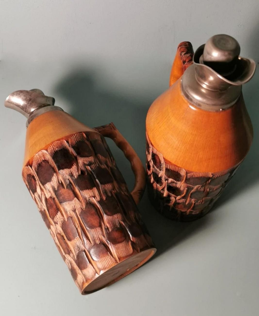 Tura Aldo For Macabo Pair Of Italian Thermal Jugs In Bamboo And Metal photo buy