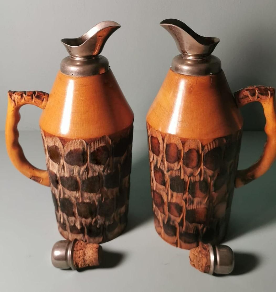 Tura Aldo For Macabo Pair Of Italian Thermal Jugs In Bamboo And Metal photo vintage