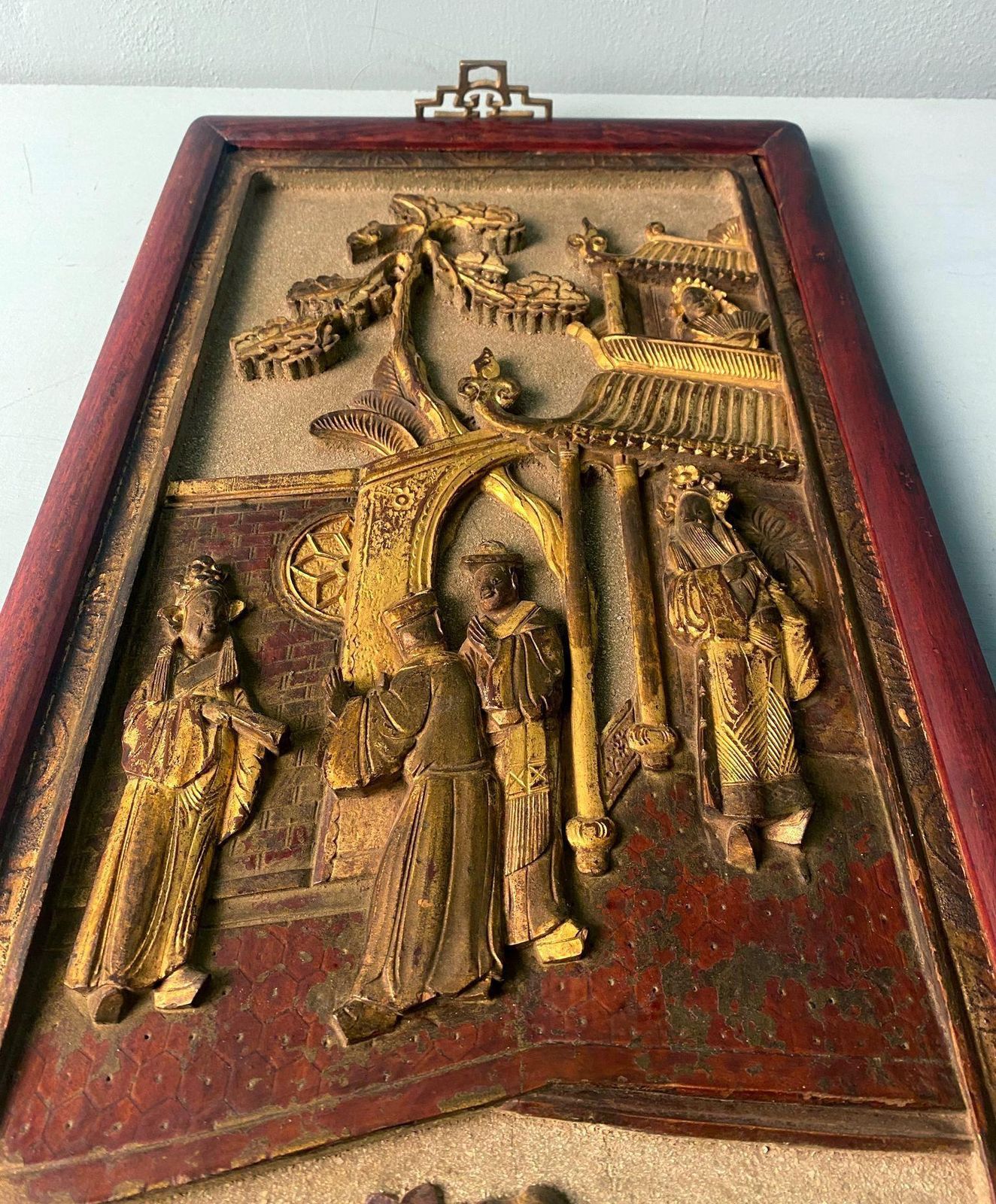 photo for sale Qing Dynasty Exquisite Chinese Wooden Panel With Raised Figures And Gold Leaf