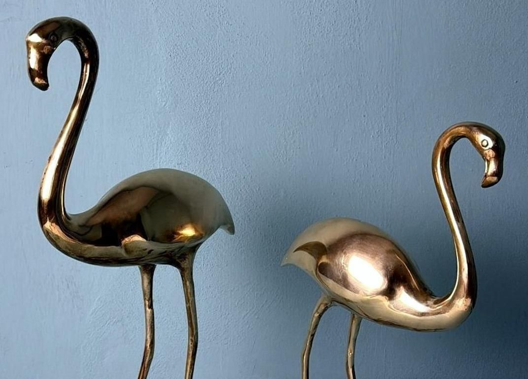 Italian   Mid Century Pair Of  Brass Flamingos In Hollow photo vintage
