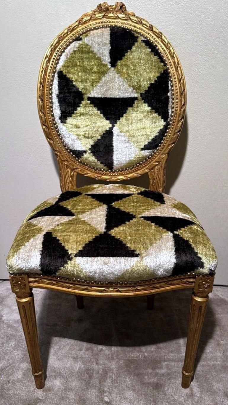 Pair Of Louis XVI Style Wooden Chairs Gold Leaf Finish And Ikat Silk Velvet photo vintage