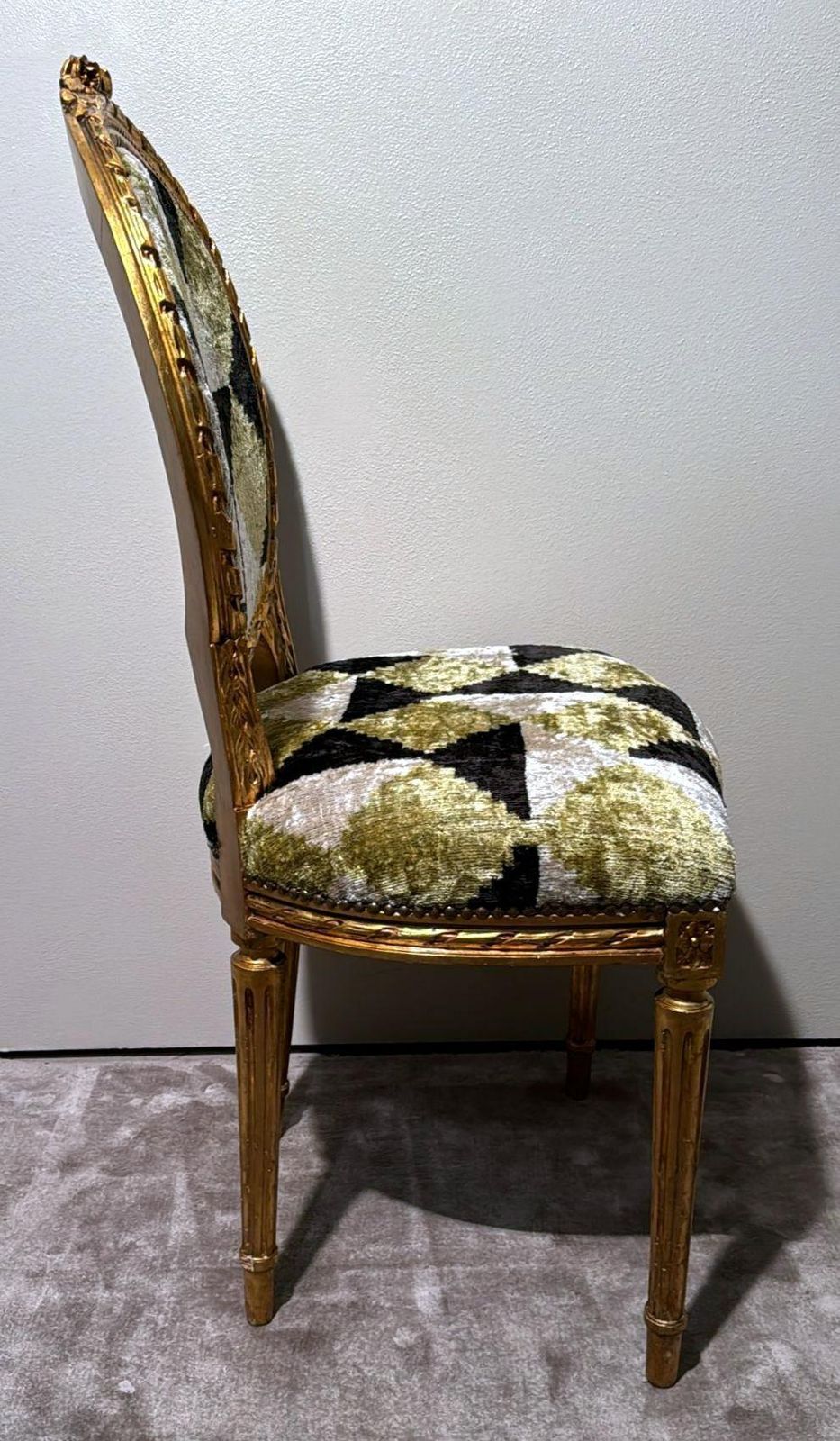photo for sale Pair Of Louis XVI Style Wooden Chairs Gold Leaf Finish And Ikat Silk Velvet