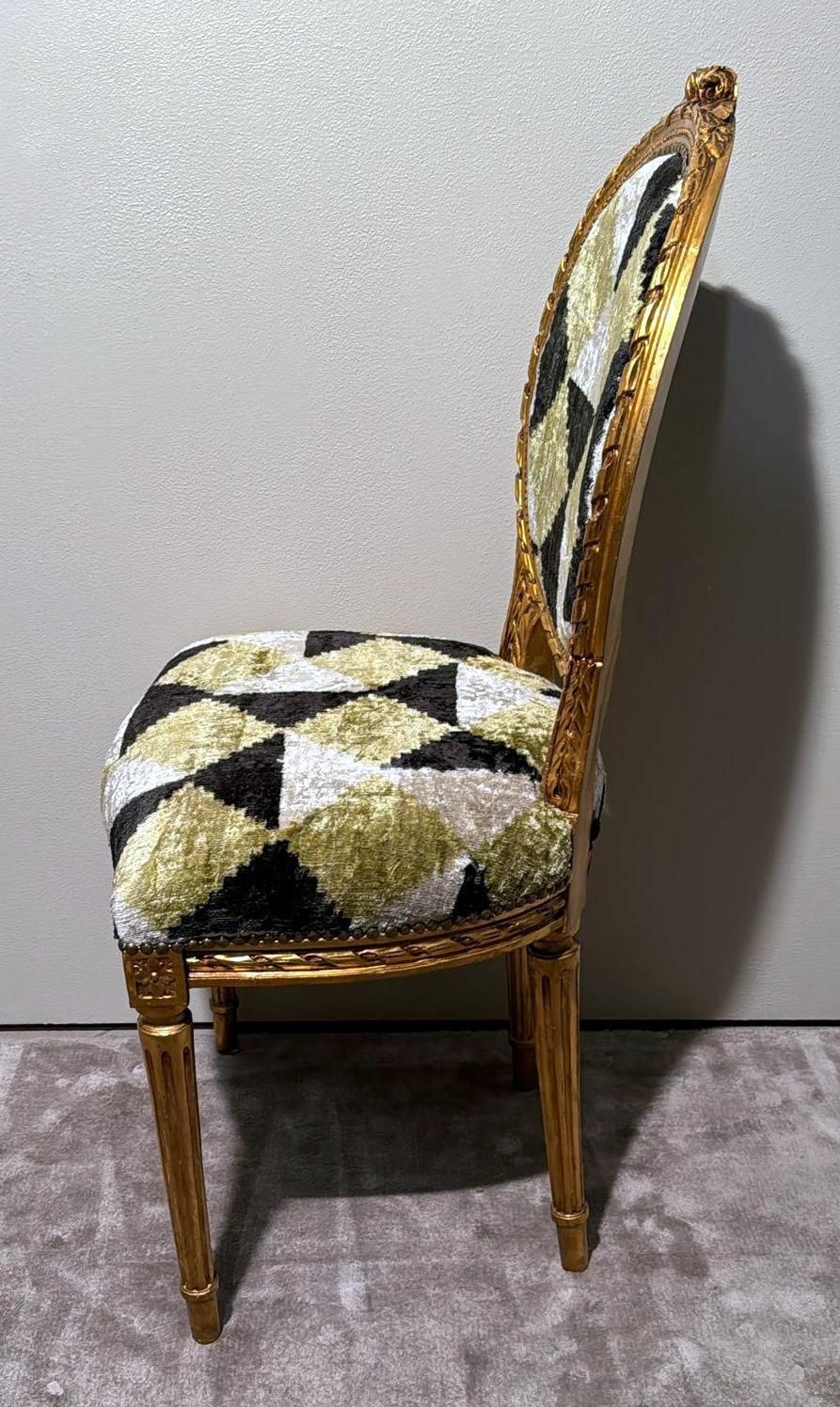 Furniture Pair Of Louis XVI Style Wooden Chairs Gold Leaf Finish And Ikat Silk Velvet photo