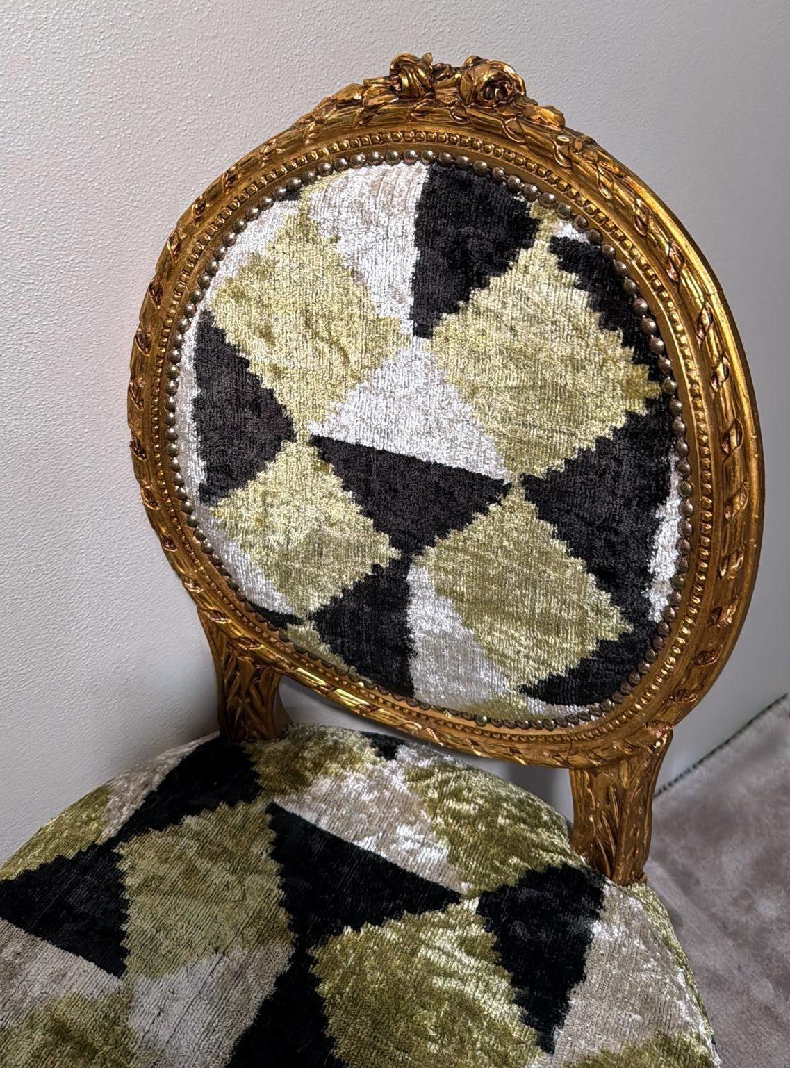 photo buy Pair Of Louis XVI Style Wooden Chairs Gold Leaf Finish And Ikat Silk Velvet