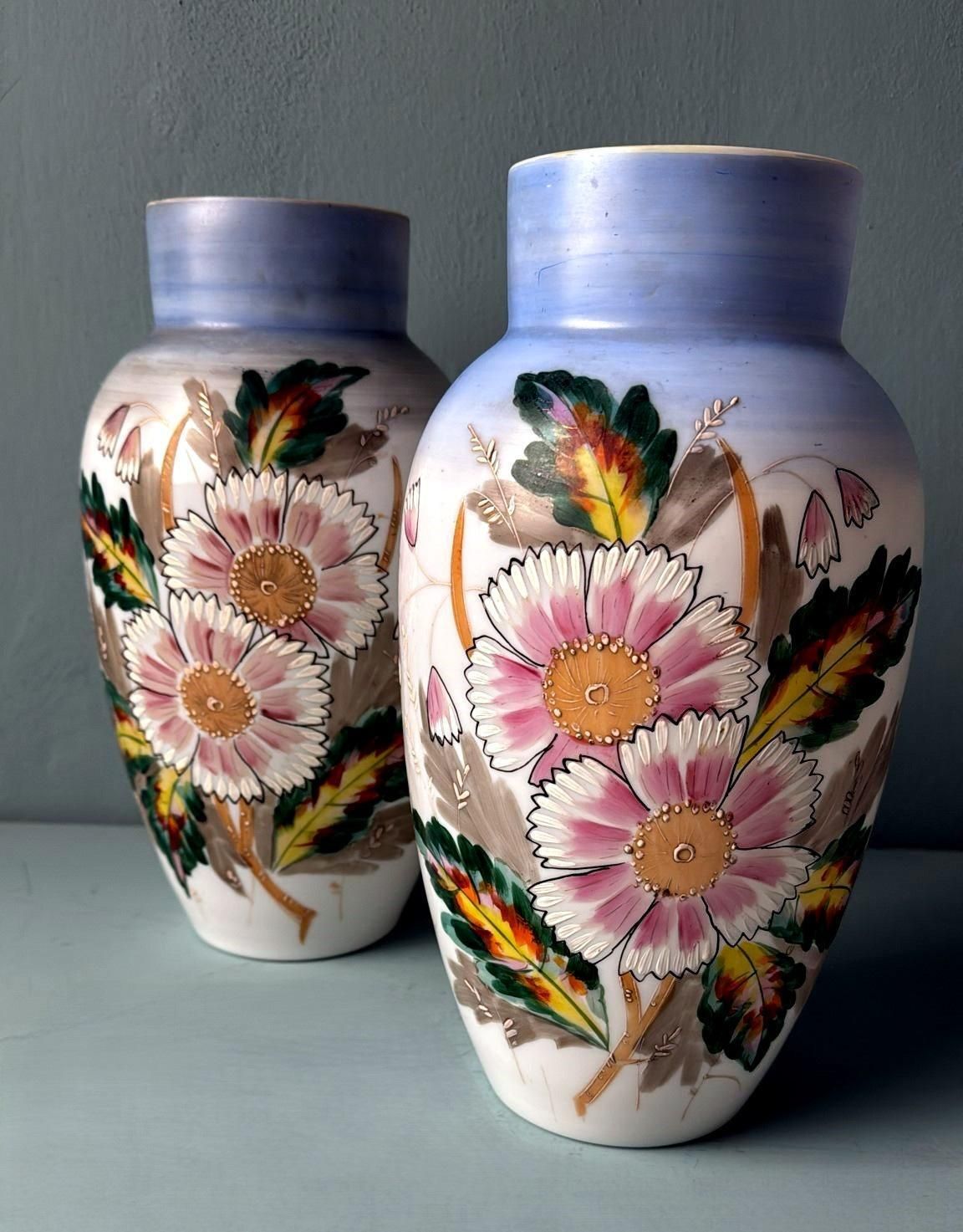 Napoleon III Style Pair Of Hand Painted Opaline Glass Vases photo Home Decor
