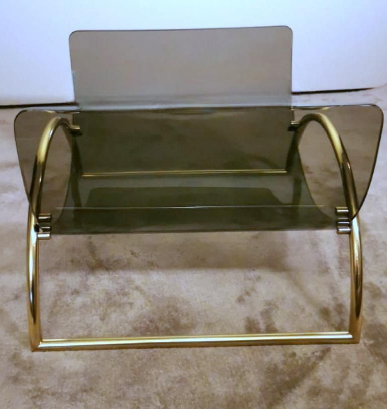 photo for sale Italian Gallotti & Radice Attributed Smoked Crystal And Brass Magazine Rack