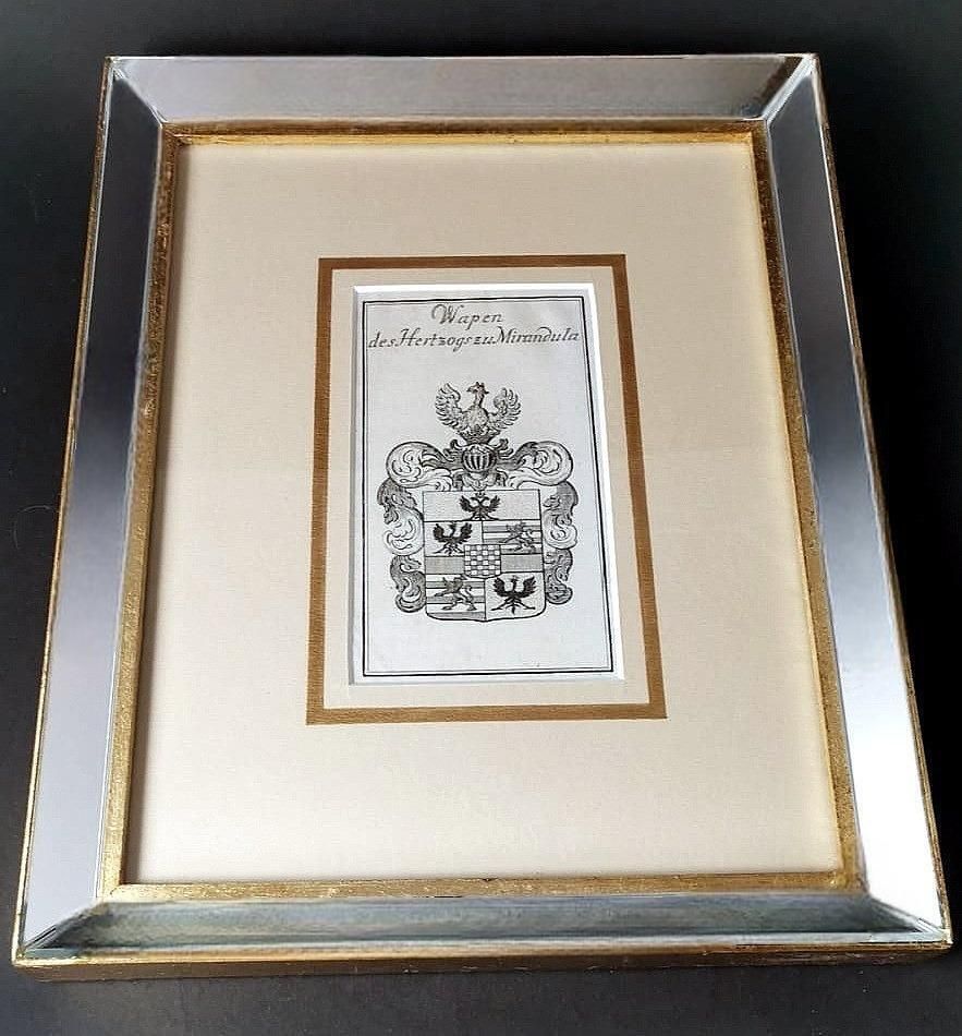 Mirror Frame With Engraved Dutch Print Depicting Dukes Of Mirandola Coat Of Arms photo for sale
