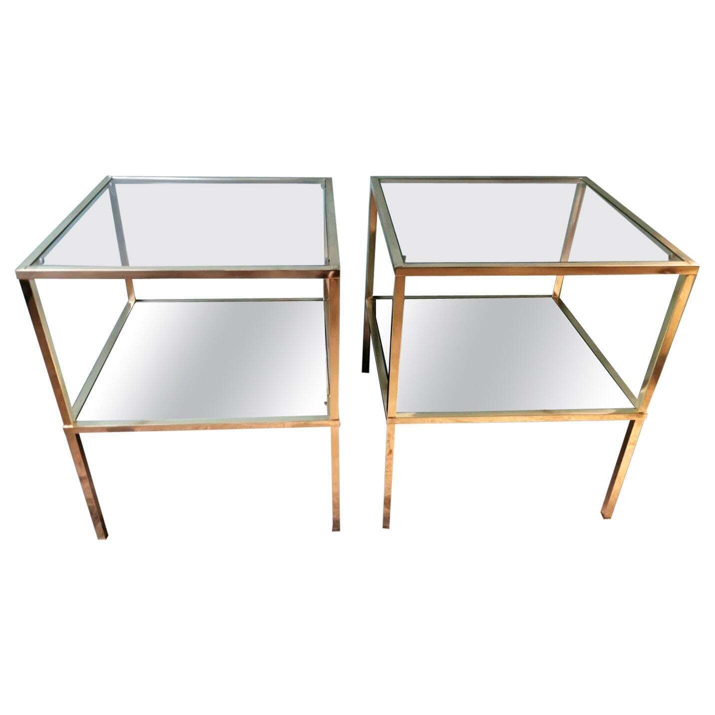 Italian Willy Rizzo Style Pair Of Brass Coffee Tables With Glass And Mirror Tops