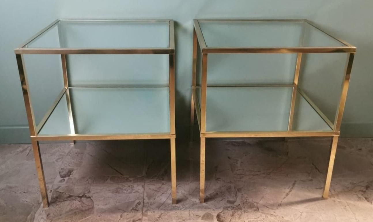 Italian Willy Rizzo Style Pair Of Brass Coffee Tables With Glass And Mirror Tops photo for sale