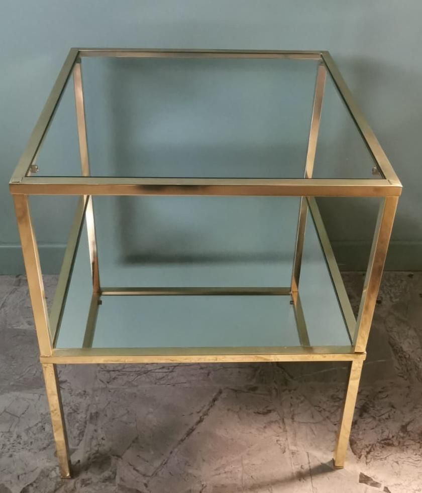 Italian Willy Rizzo Style Pair Of Brass Coffee Tables With Glass And Mirror Tops photo vinterior
