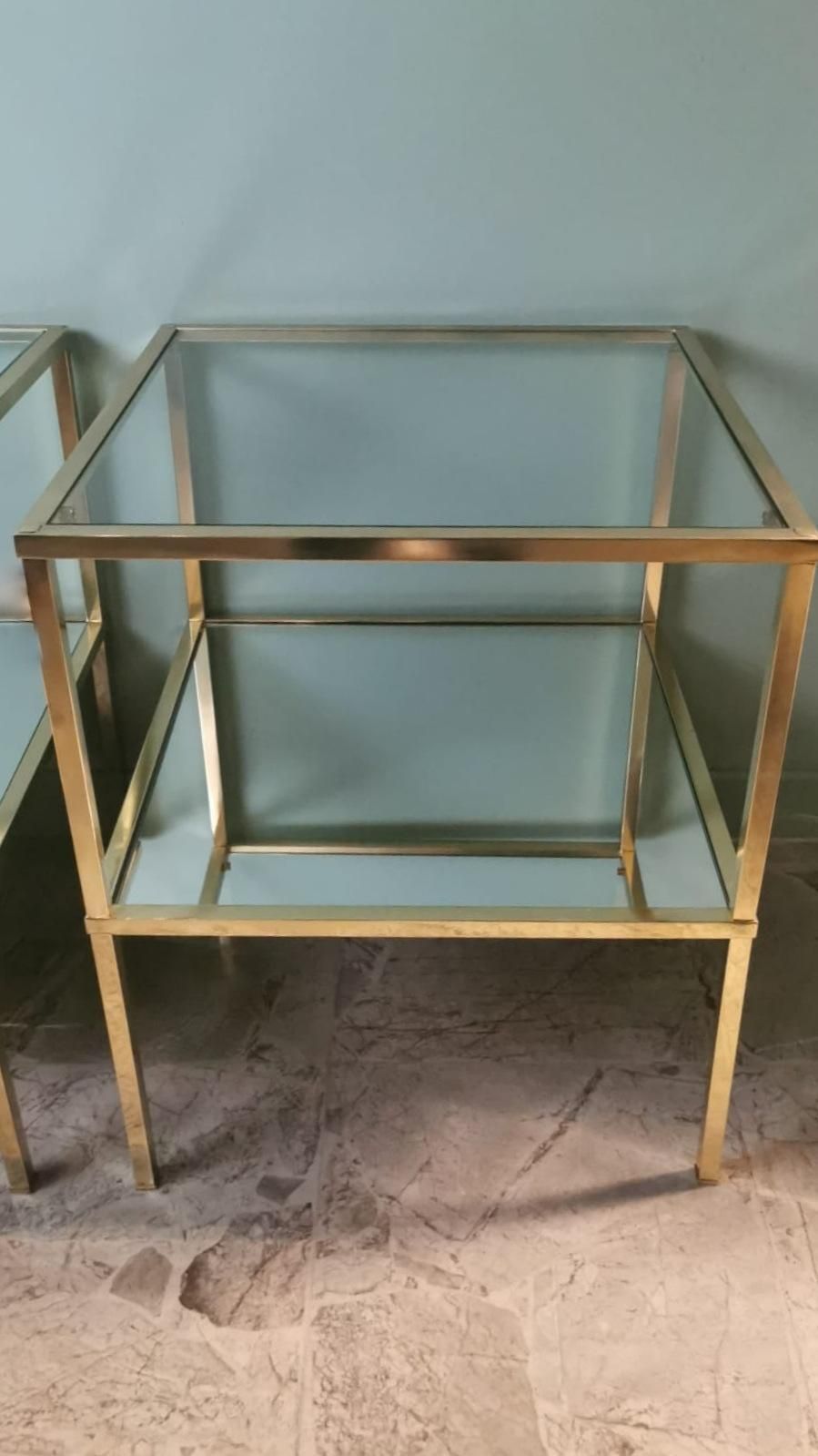 photo for sale Italian Willy Rizzo Style Pair Of Brass Coffee Tables With Glass And Mirror Tops