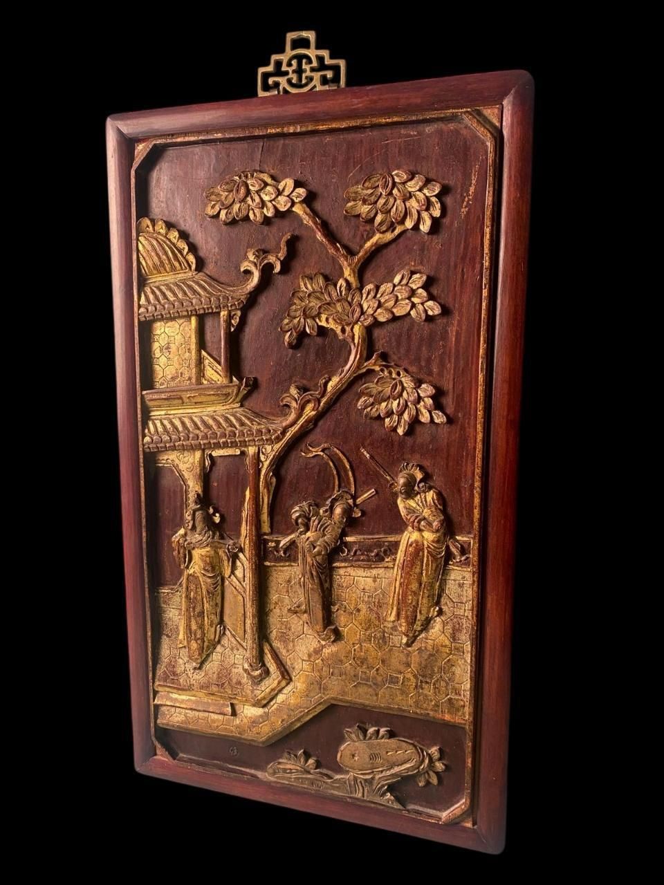 Qing Dynasty Exquisite Chinese Wooden Panel With Raised Figures Gold Leaf (N.2) photo furniture