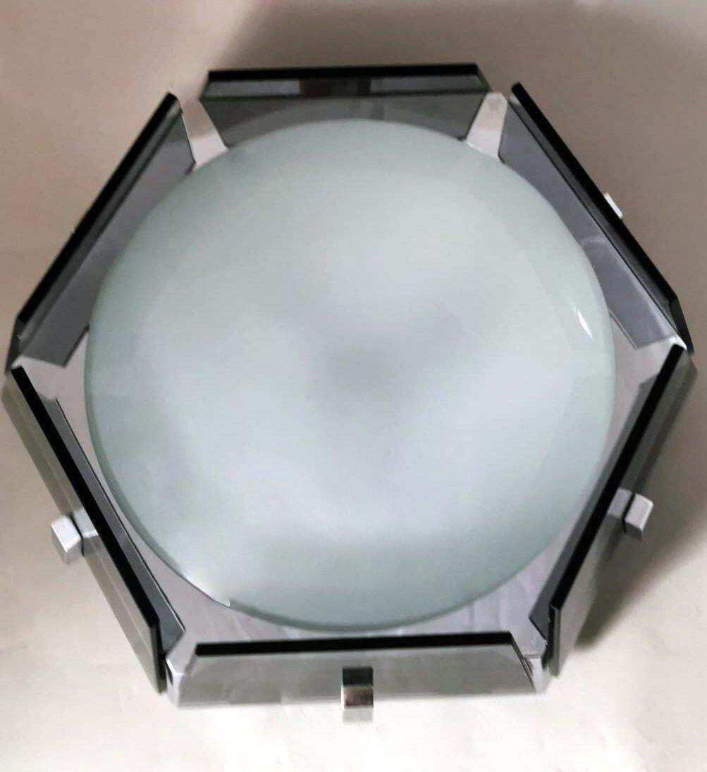 Fontana Arte Style Italian Ceiling Lamp Steel And Glass Gray photo for sale