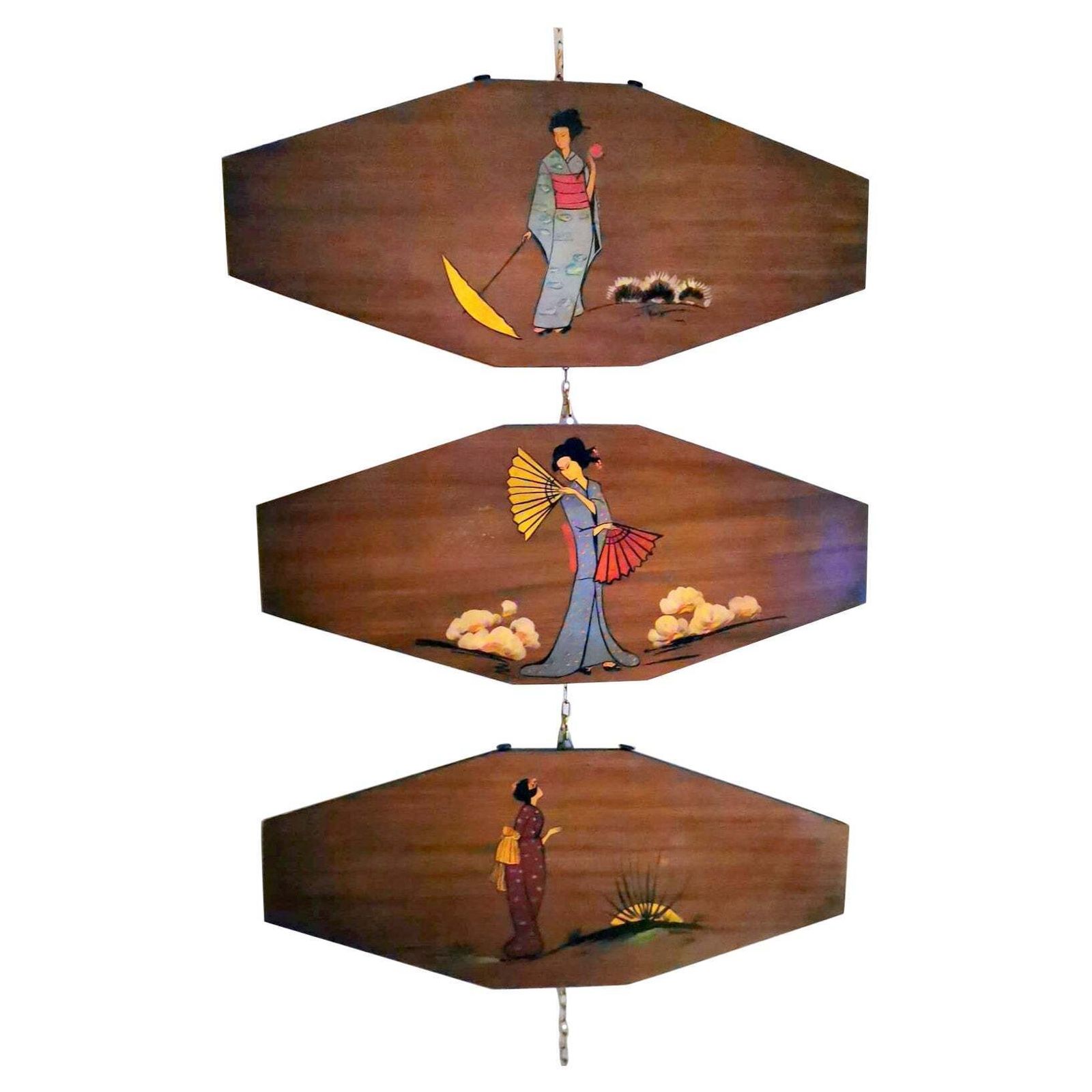 Teak Wood Decorative Panels With Japanese Kimono Figures