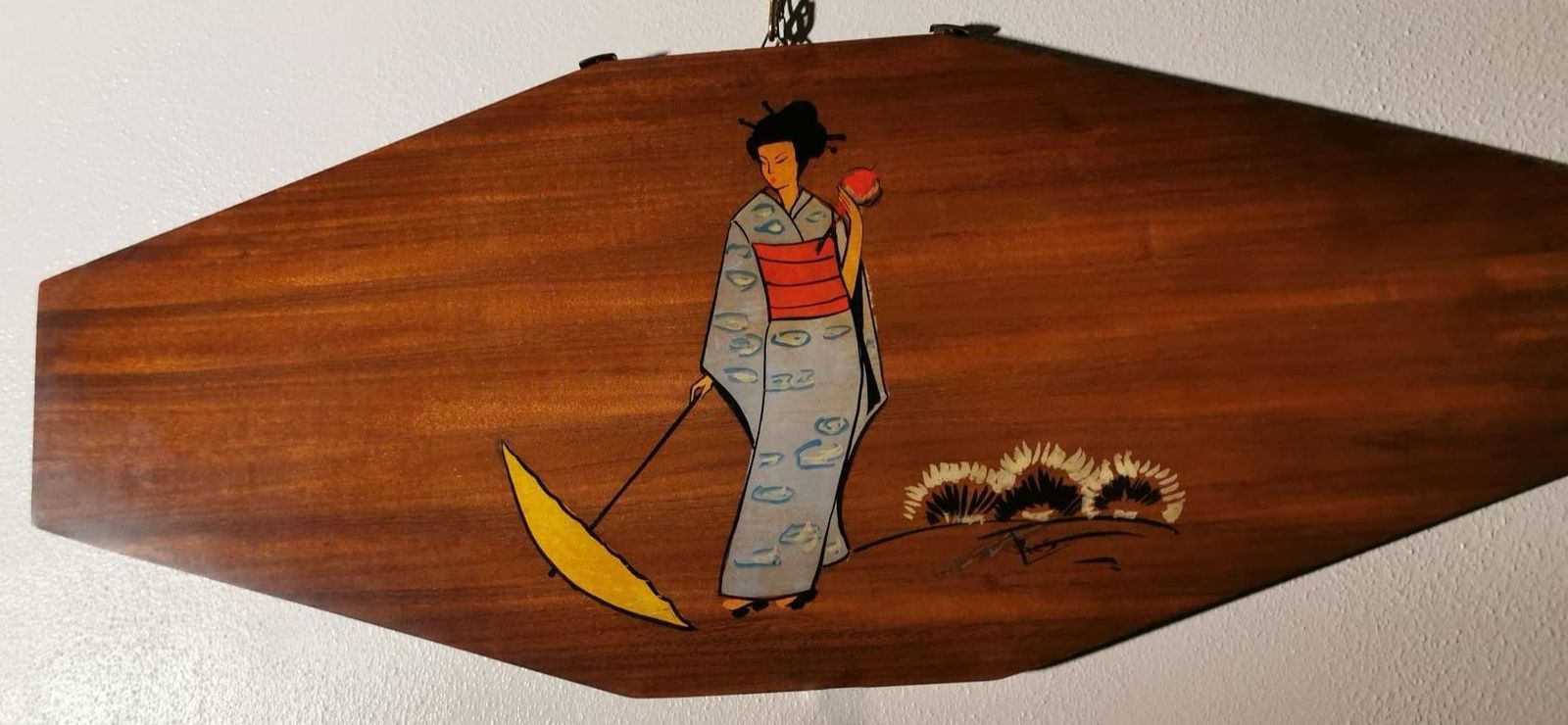 Teak Wood Decorative Panels With Japanese Kimono Figures photo for sale