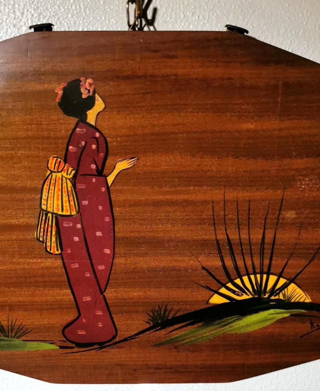 Teak Wood Decorative Panels With Japanese Kimono Figures photo vintage