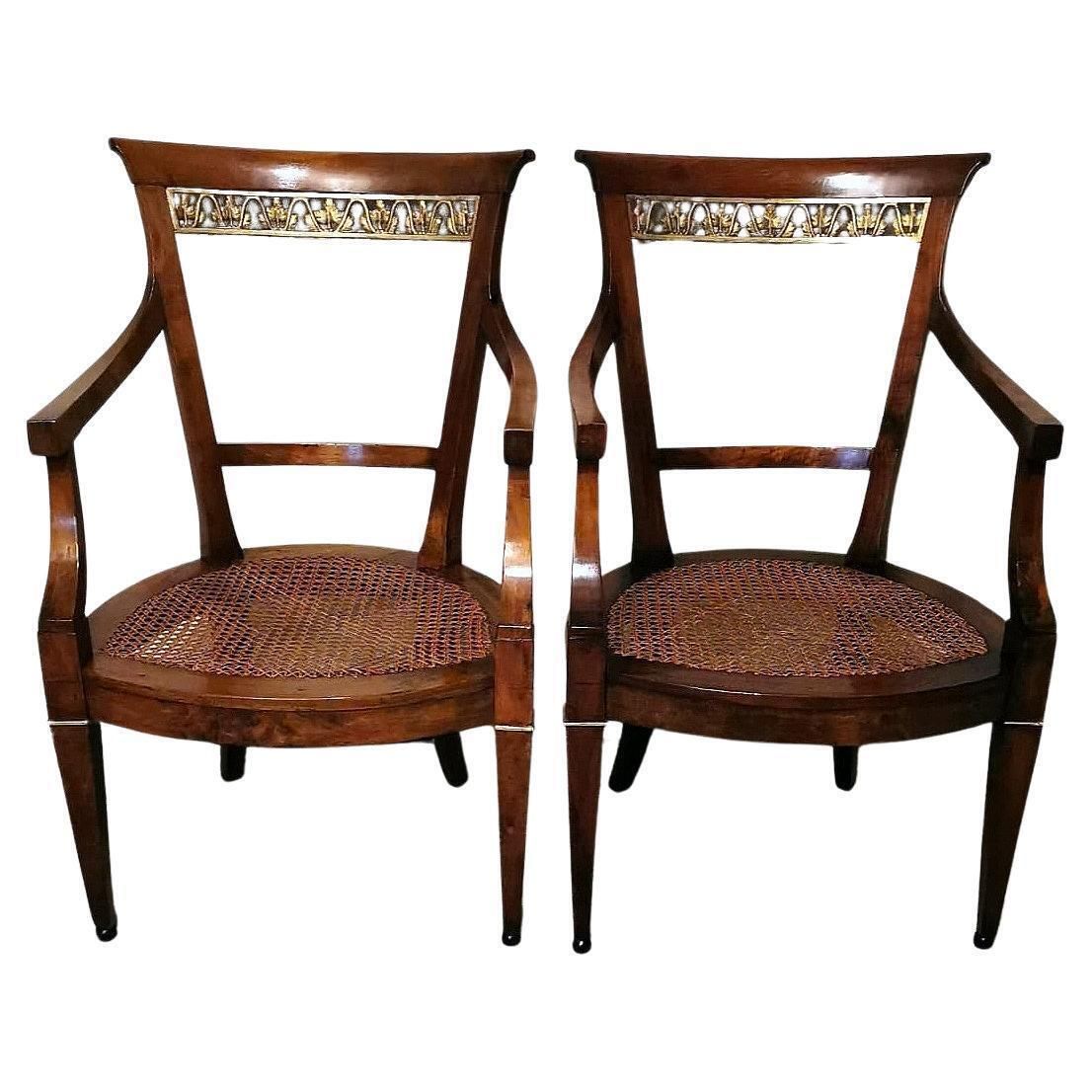 Empire Style Pair Of Italian Chairs "King" With "Vienna Straw"