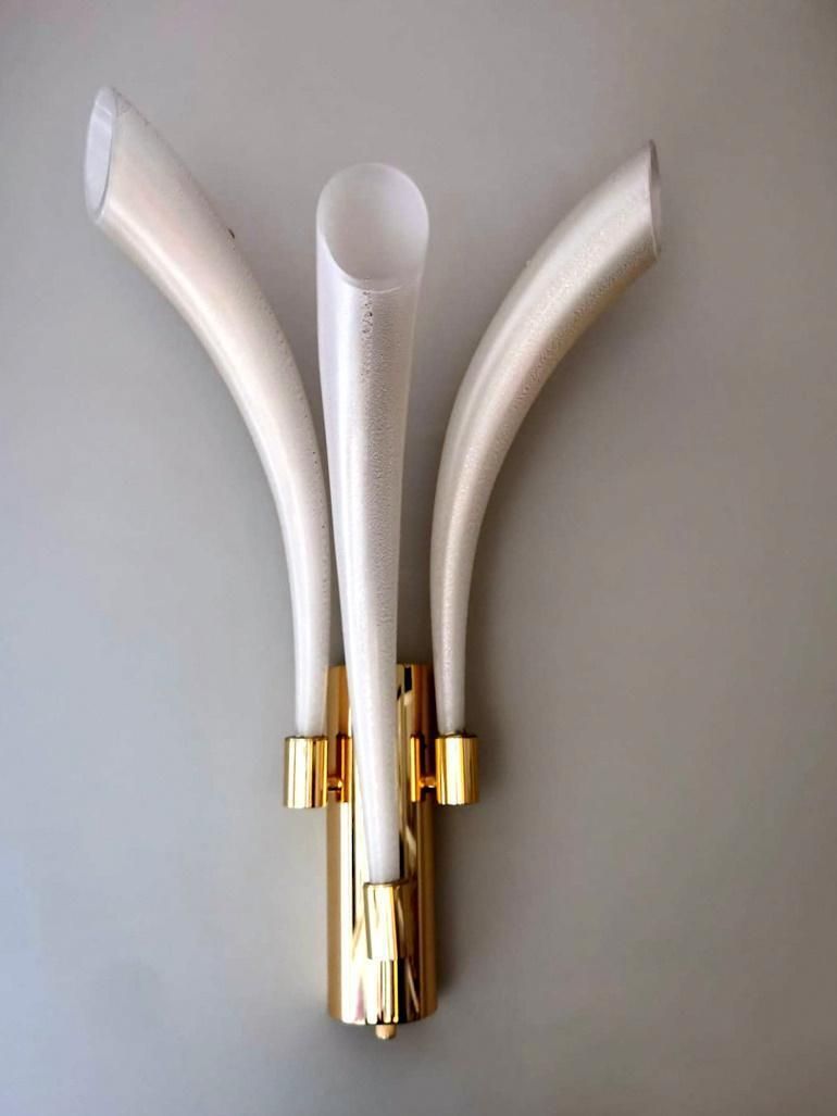 Barovier & Toso Pair  Sconces Mod. "Fireworks" Murano Glass Opaline With Gold photo vintage