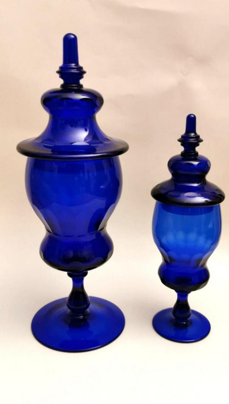 Murano "Albarelli" Italian Pair Of Bottles With Lid Blue Blown Glass photo furniture