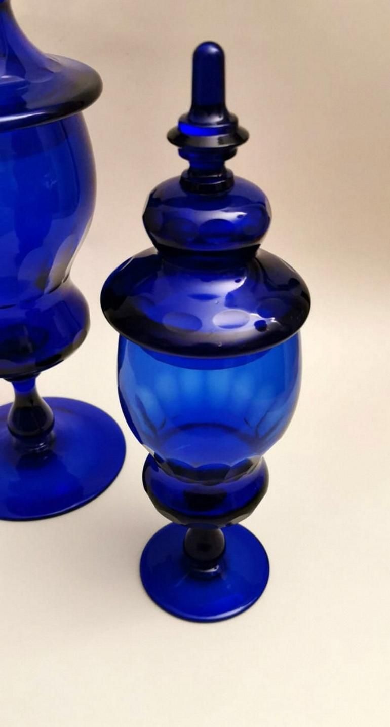Murano "Albarelli" Italian Pair Of Bottles With Lid Blue Blown Glass photo 635.0