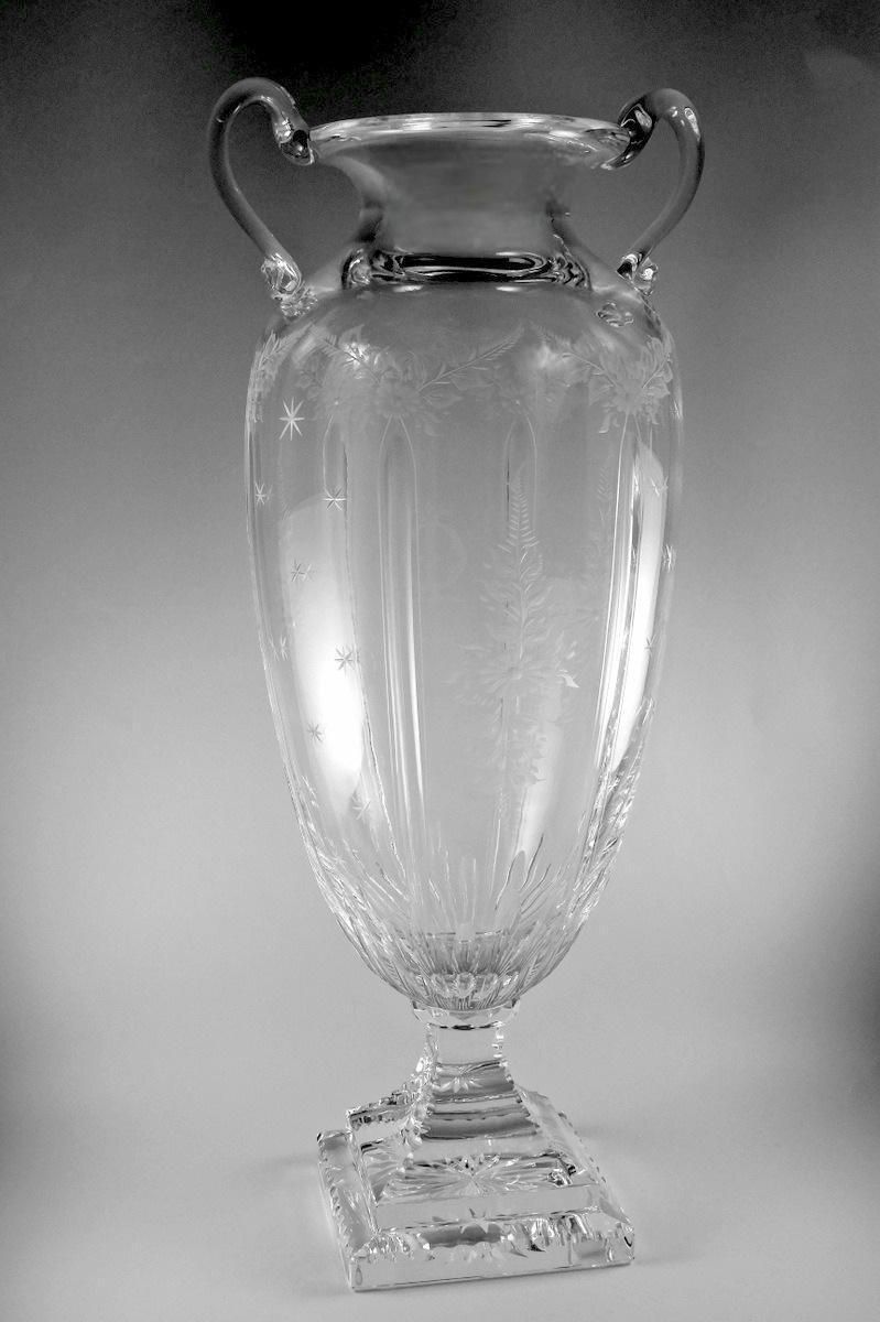 Louis XVI Style Large Italian Crystal Amphora With Engraved And Swan Handles photo for sale