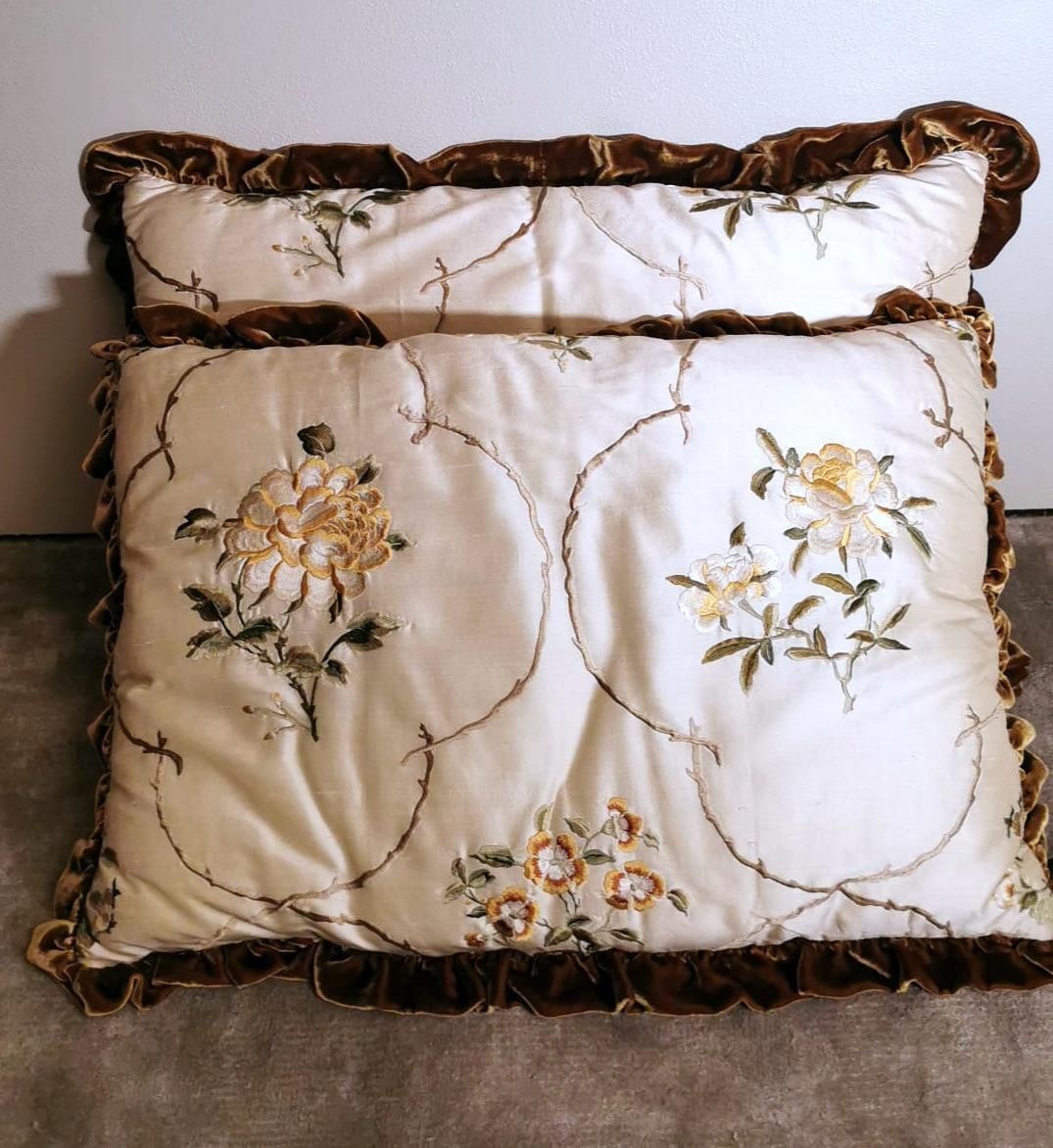 Pair Of Pillows Italian Embroidered Silk And Velvet Back photo Textiles