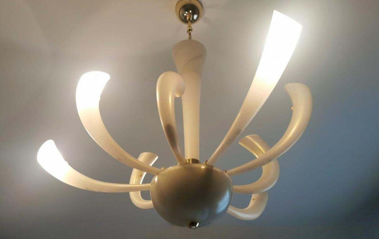 photo furniture Barovier & Toso Chandelier Mod. "Fireworks" Murano Glass Opaline With Gold