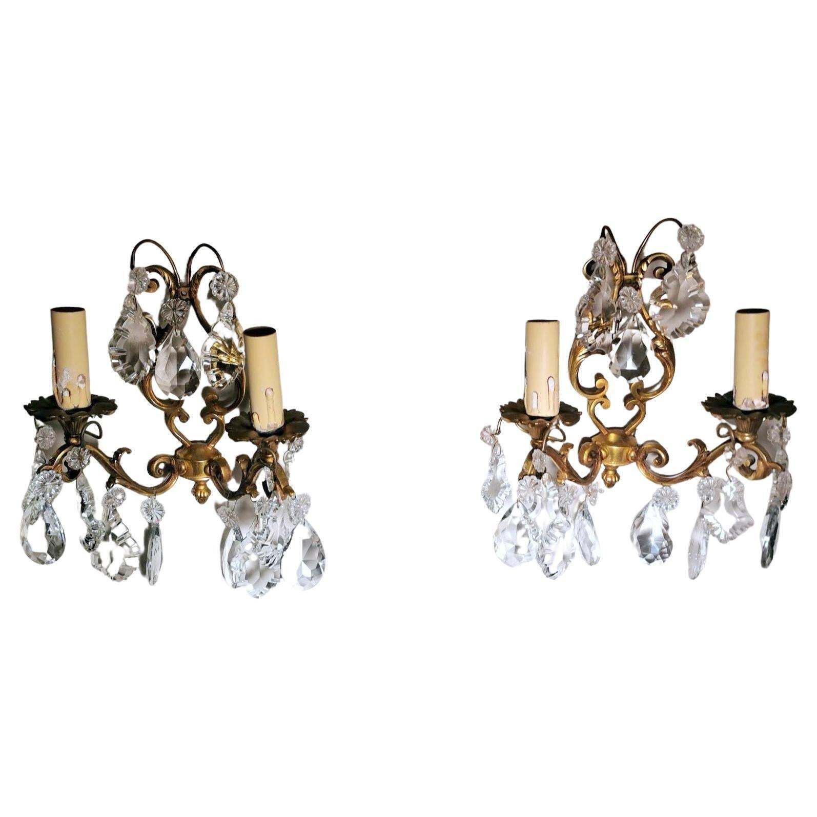 Louis XVI Style Pair Of French Wall Sconces In Brass And Crystals