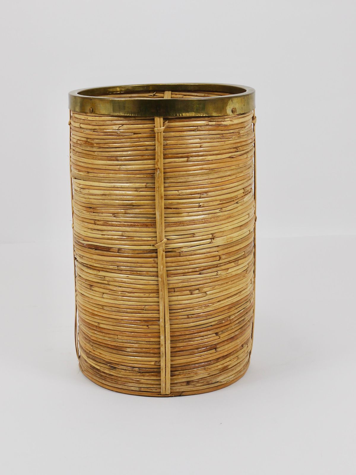 Gabriella Crespi Style Bamboo & Brass Paper Basket Umbrella Stand, Italy, 1970s photo vinterior