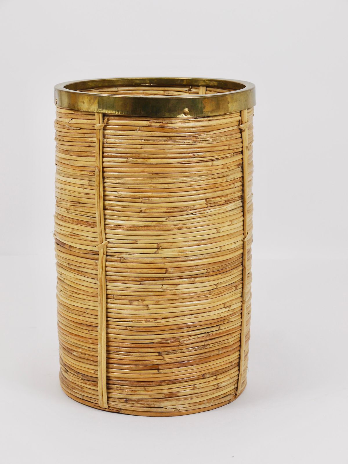 953.0 Gabriella Crespi Style Bamboo & Brass Paper Basket Umbrella Stand, Italy, 1970s photo