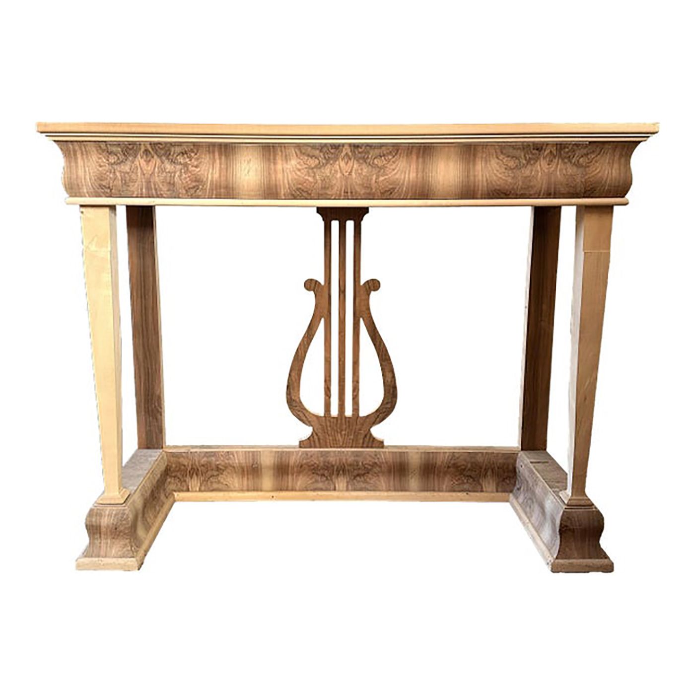 Italian Natural Consolle In Walnut Feather Wood And Maple And Walnut Inlays With Harp