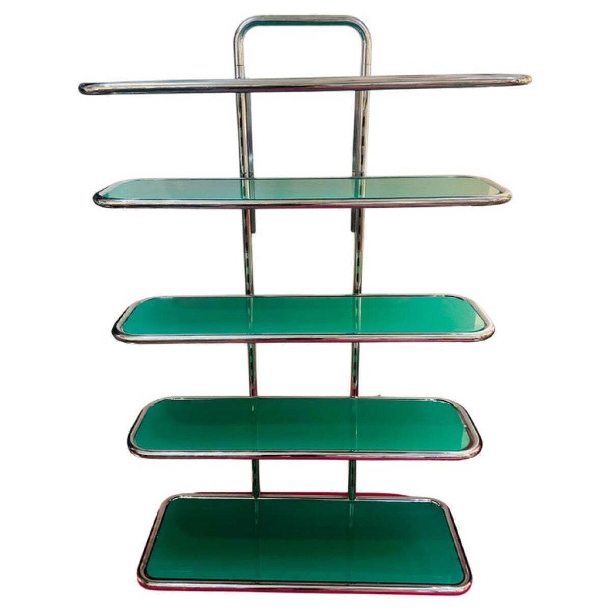 1970s Swiss Five Shelf Polished Tubular Polished Chrome & Green Perspex Shelving Unit Usm Haller Style